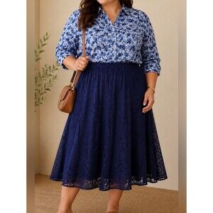 Multiples 1X Navy Blue Textured Cotton Midi Skirt Plus Size Elastic Waist Lined
